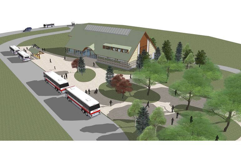 aerial rendering of building buses trees