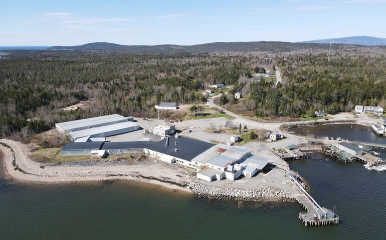 aerial of industrial buildings and shore