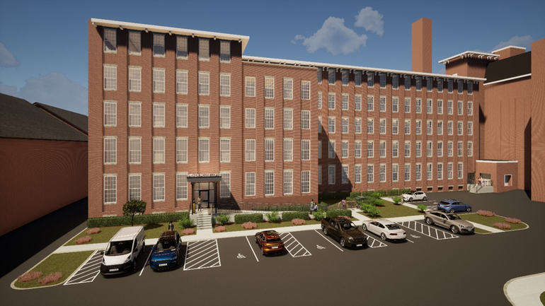 rendering of big brick building and cars