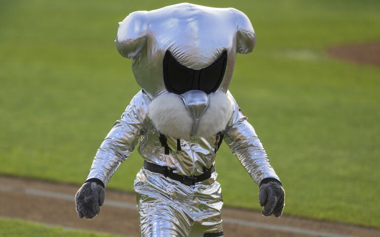 Mascot Slugger in a silver spacesuit 