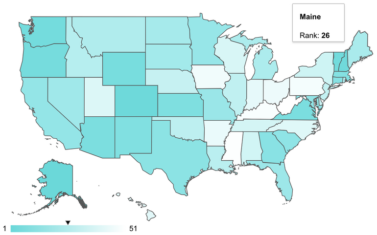 WalletHub map of United States showing Maine with No. 26 ranking 