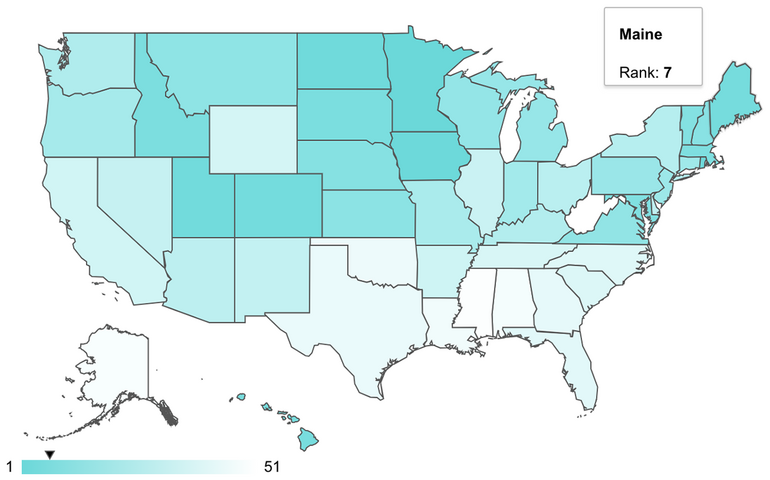WalletHub map of United States showing Maine with No. 7 ranking 