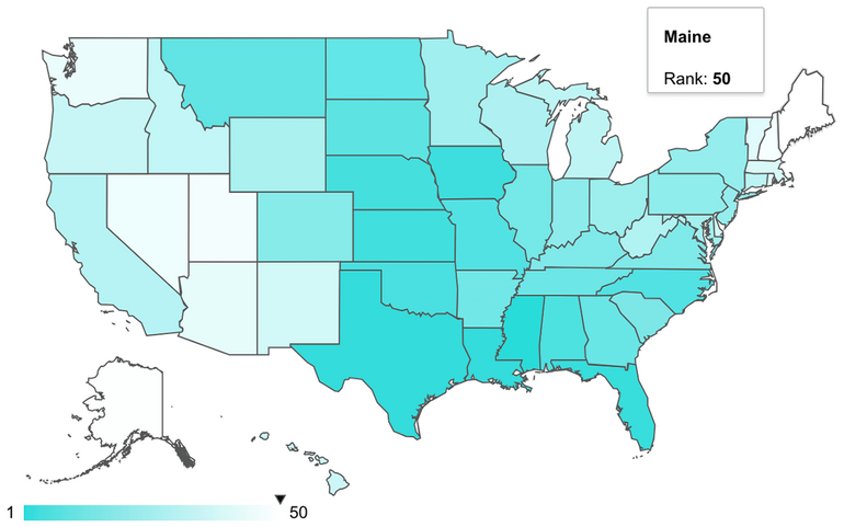 WalletHub Map of United States showing Maine with No. 50 ranking 