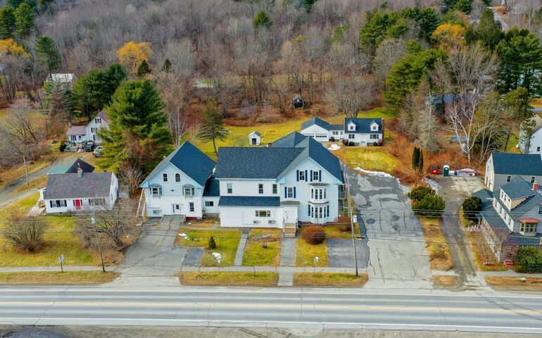 aerial of bulidings yards and street