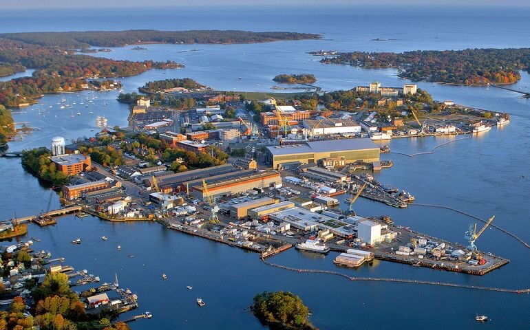 aerial of industrial buildings on island