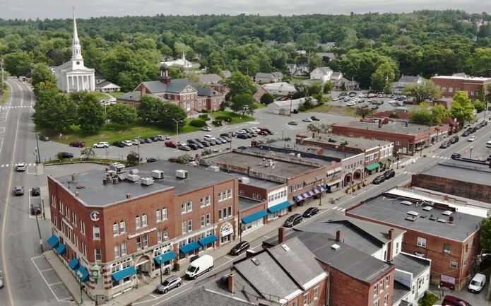 aerial of brick buildings church roads