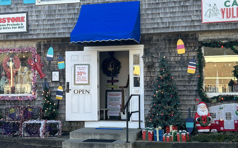 Storefronts decorated for the holidays 