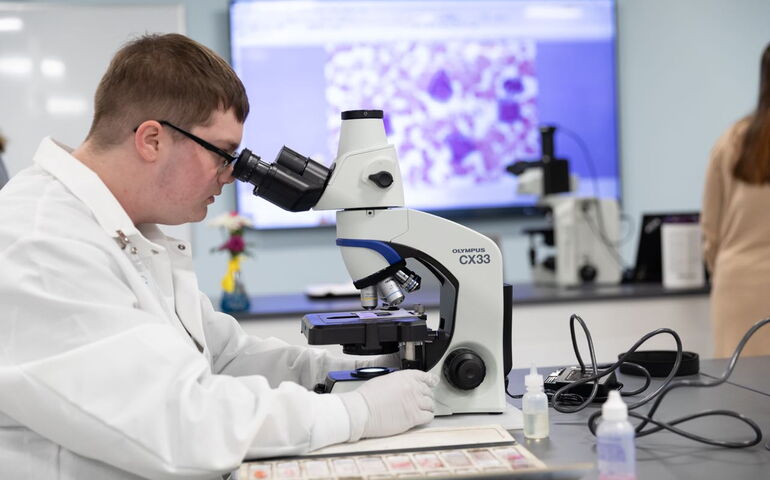 person looking into microscope