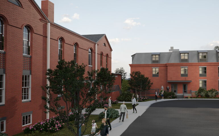 rendering of brick buildings and people