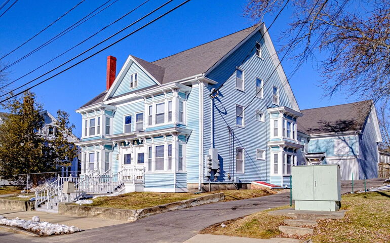 blue building with white trim