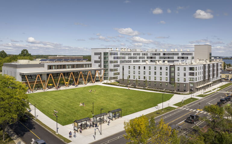 view of big buildings and lawn