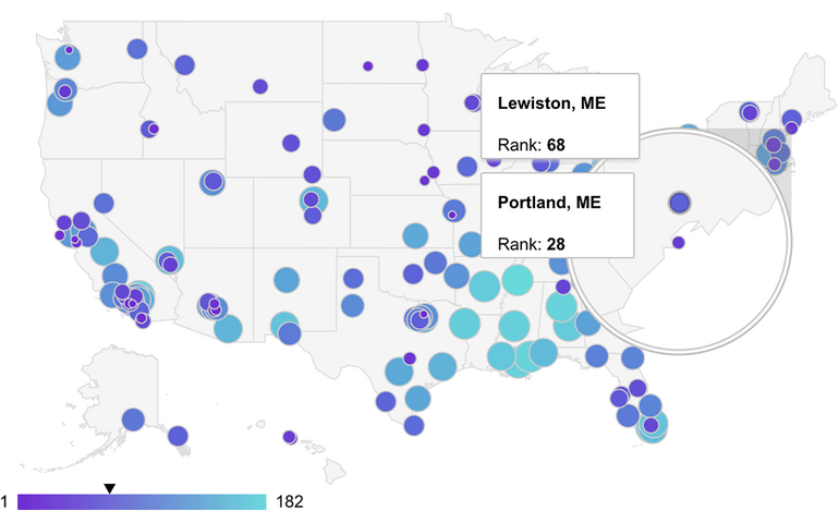 WalletHub map showing rankings for Portland and Lewiston. 