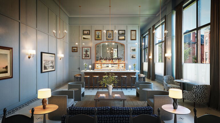 interior of a hotel lobby bar 