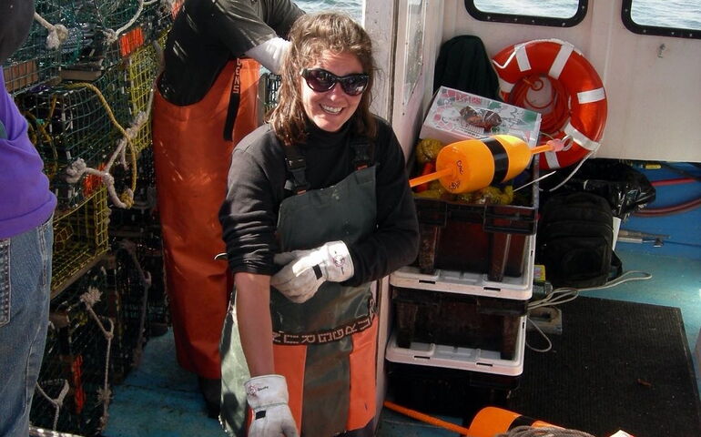 Christina Cash on a lobsterboat.