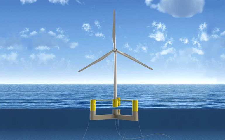 A rendering shows a wind turbine mounted on a floating rig.