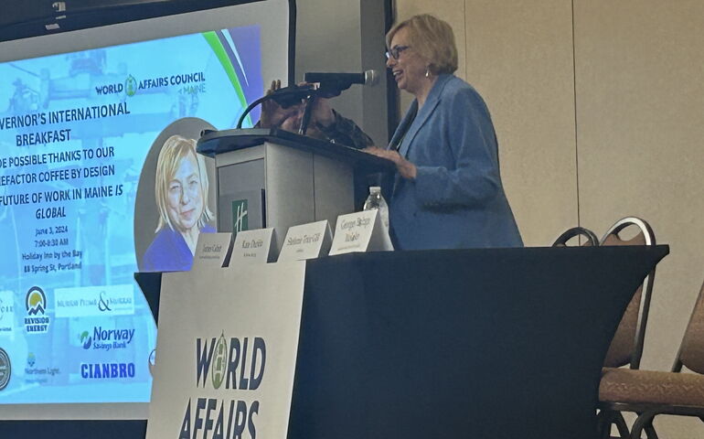 Janet Mills at a World Affairs Council event. 