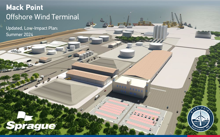 A rendering of buildings and water in the distance at Sprague Energy campus in Searsport.