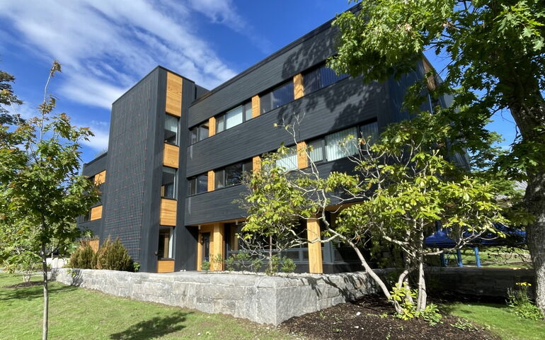 Collins House has mostly dark siding with some landscaping around it.