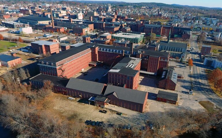 This aerial view shows multiple buildings that make up the Continental Mill in Lewiston.