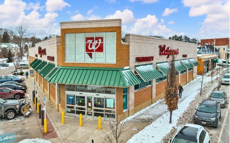 This aerial view shows a Walgreens store.