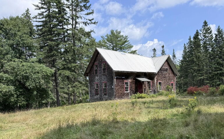 An old barn is surrounded by a field and woods.