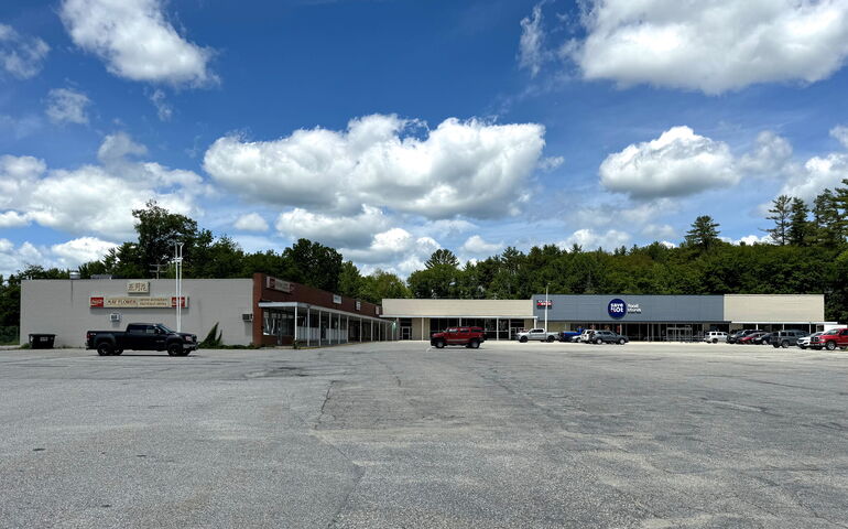 A wide view of a shopping center.