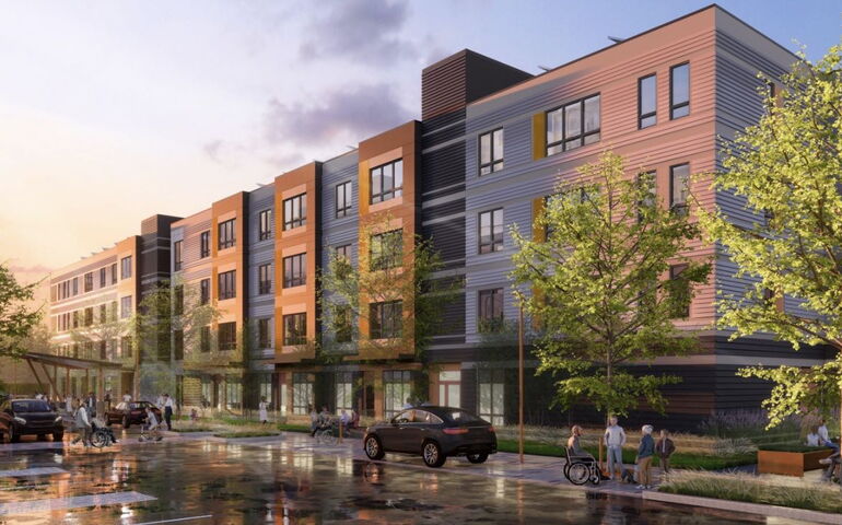 A rendering shows a multi-story building..