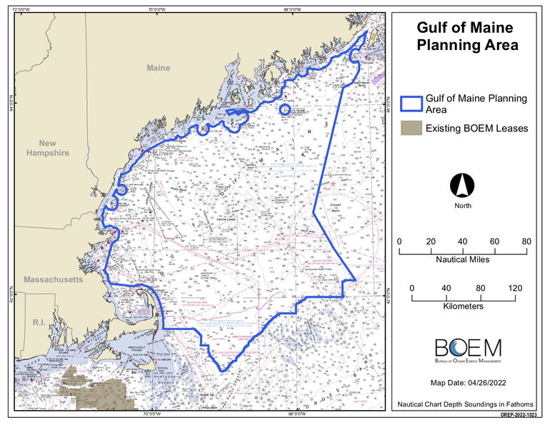 A chart shows the Gulf of Maine with an outline around it.