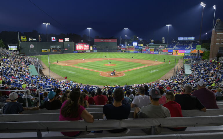 Night game hosted by the Portland Sea Dogs at Hadlock Field in Portland.