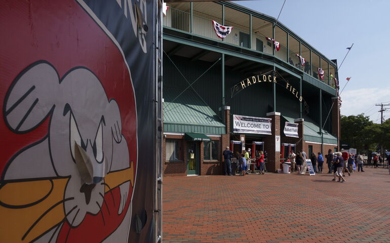 Hadlock Field front gate with pants.
