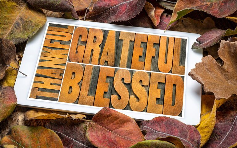 Grateful Blessed Thankful written among autumn leaves