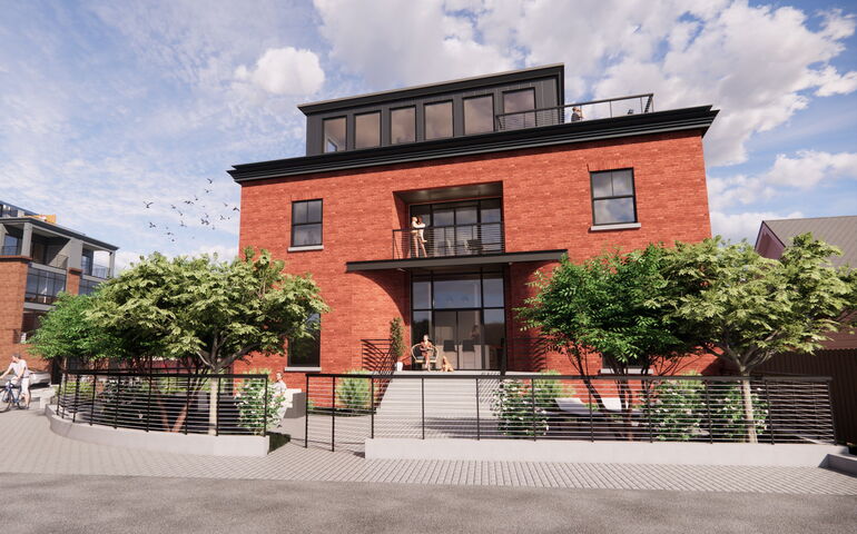 A rendering shows a brick building.