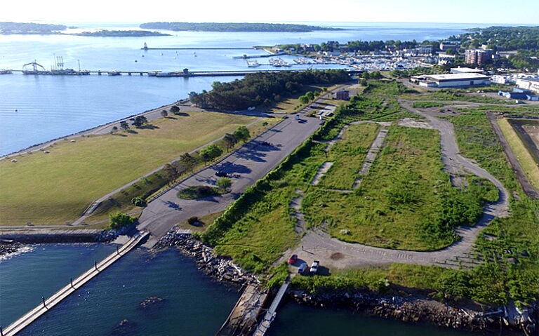 An aerial view of a large vacant swath of land.