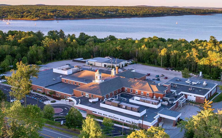 An aerial view of MaineHealth's hospital in Belfast.