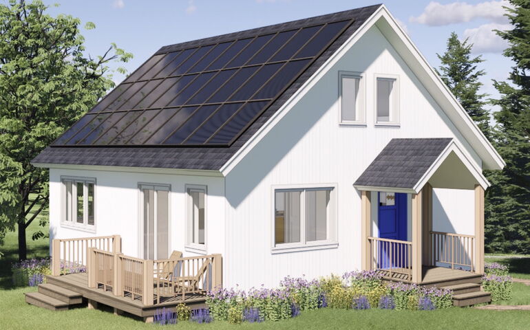 A rendering shows a white hous ewith small porches.