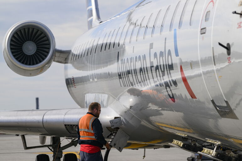 Airplane getting refueled at the Portland International Jetport 