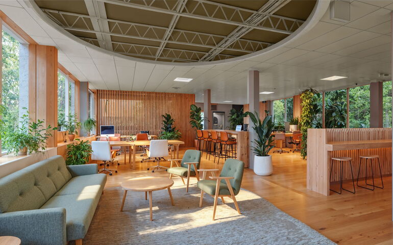 A rendering shows an interior space with partitions and furniture.