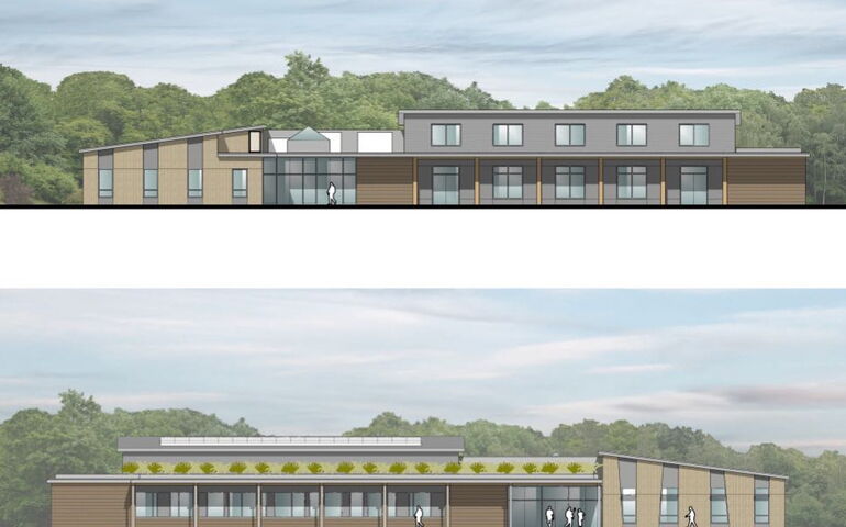 A rendering of a building from two angles.