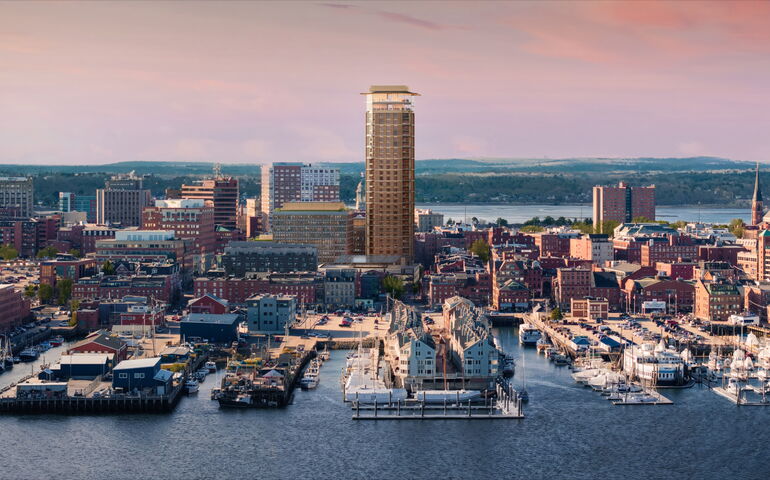 A rendering shows an aerial view of a city.