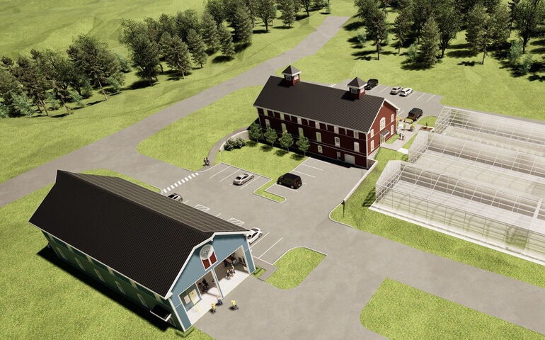 A rendering shows buildings and fields.