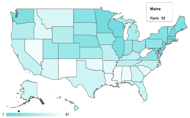 WalletHub map of U.S. showing Maine with No. 12 ranking. 