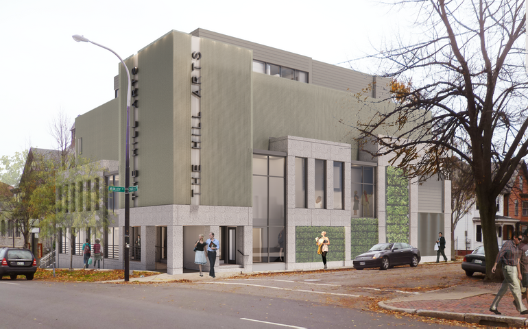 A drawing shows the exterior of a building with pedestrians.