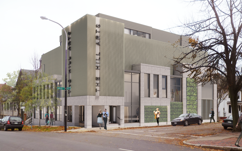 A drawing shows the exterior of a building with pedestrians.