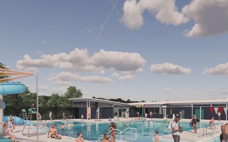 A rendering shows people in and around a pool.
