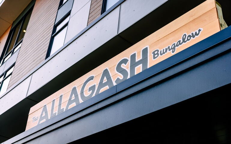 Allagash sign outside new tap room in Scarborough.