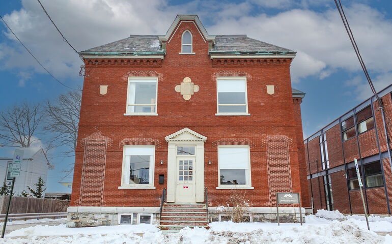 A brick building.