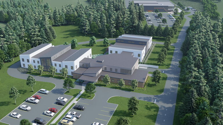 aerial view of two buildings under construction