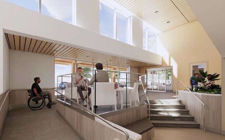 An illustration shows the inside of a building with a ramp and stairs.