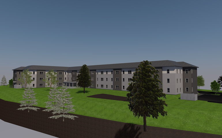 An illustration shows the outside of a building with trees and grass.