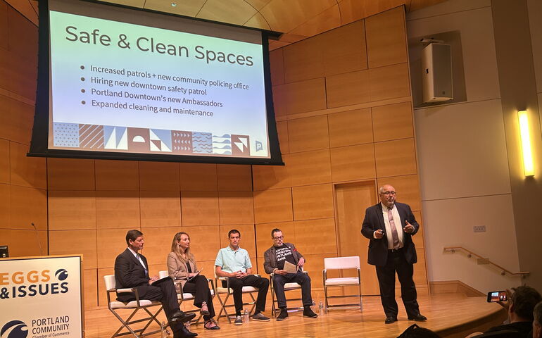 Panelists on stage at Portland Regional Chamber of Commerce event